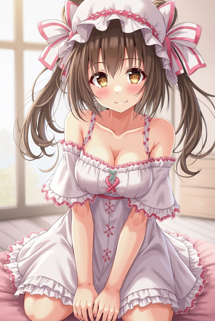 masterpiece, best quality, highres, perfect pixel, depth of field, 1girl, single, solo, beautiful anime girl, beautiful artstyle, (beautiful eyes), (detailed face), (blush), anime CG style, (medium breasts), good lighting, perfect body, lips parted, (sakura kinomoto), glossy lips, (maid), cleavage, high heels