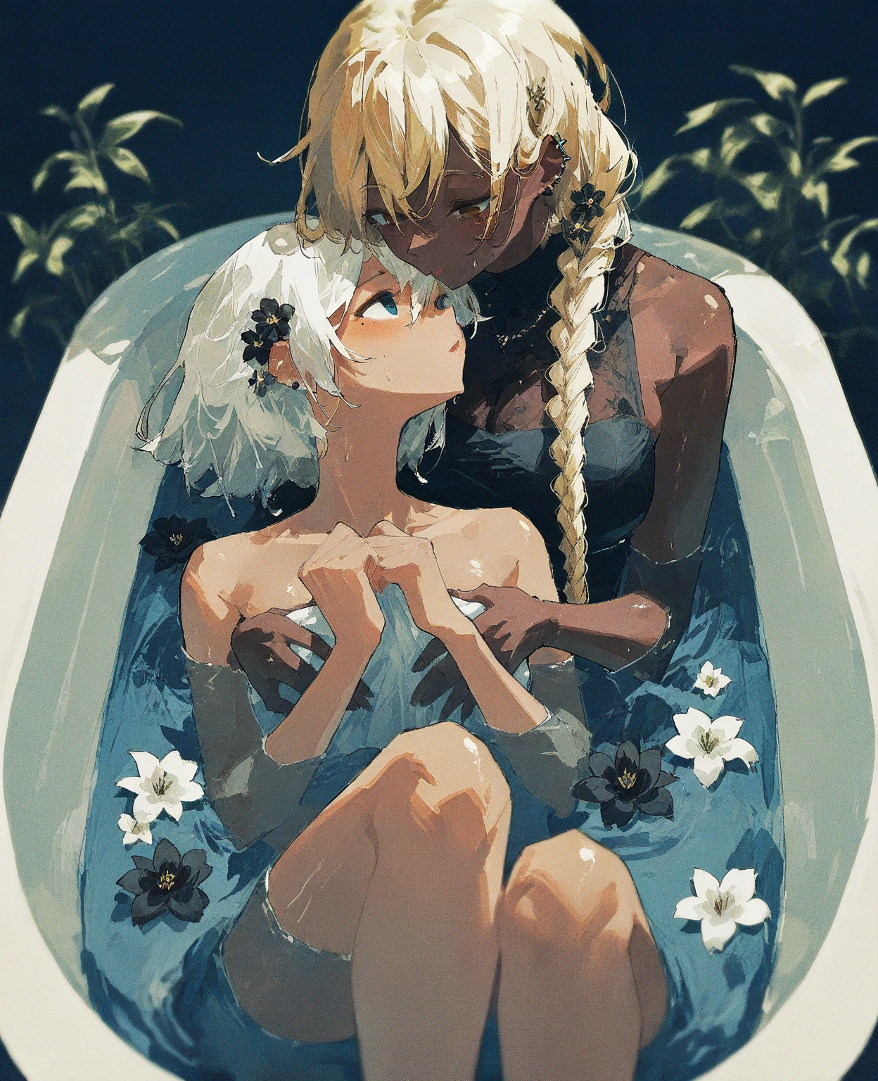 Masterpiece, best quality, Masterpiece, best quality, 2 girls , skinny ,dark skin and white skin, dark skin girl is blonde short hair ,white skin girl is black short hair, topless , flat breasts , they spread legs for viewer, naked, Sweating , Heat , full body ,in a hot spa,