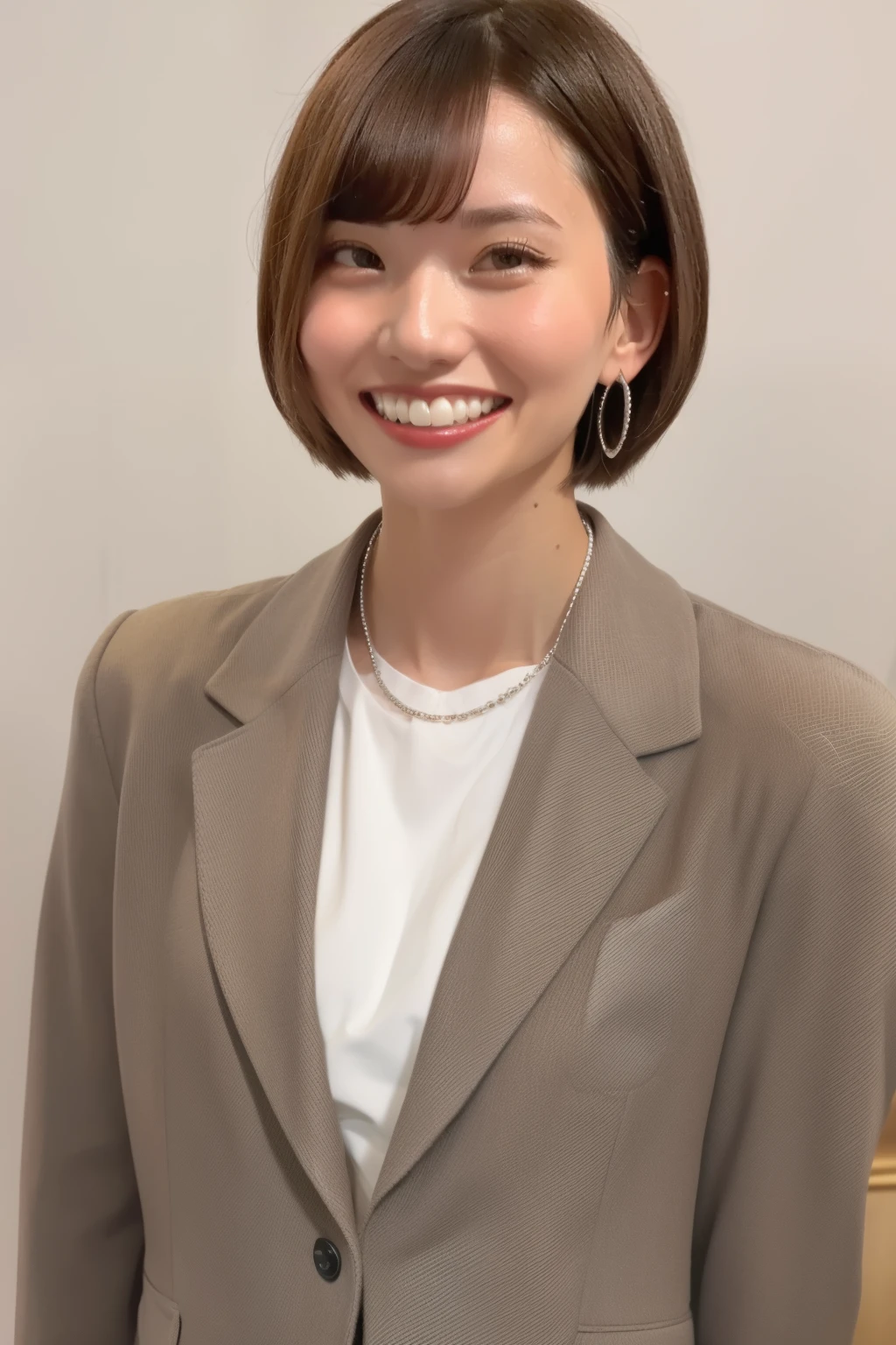 A neat and clean young woman、office lady suit、jacket、shirt、necklace、and look at the camera、 smile showing teeth、ear piercing、 pale brown hair、hairstyle shortcuts、upper body、Background is in a room