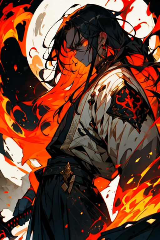 Masterpiece, best quality, sadako_yamamura, FEEF, a long-haired black man dread with a sword that comes out fire with a torn and large scarf and Japanese clothing