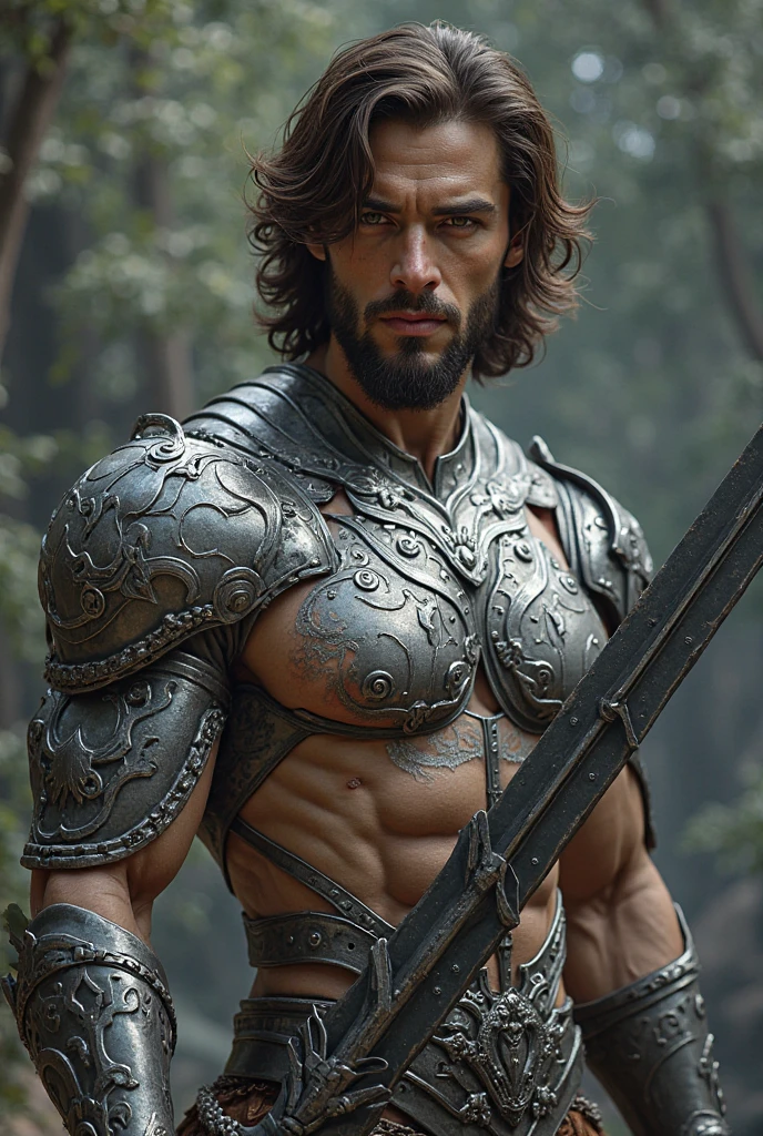 An American man with armor on his chest and several tattoos with a sword in a gloomy forest 