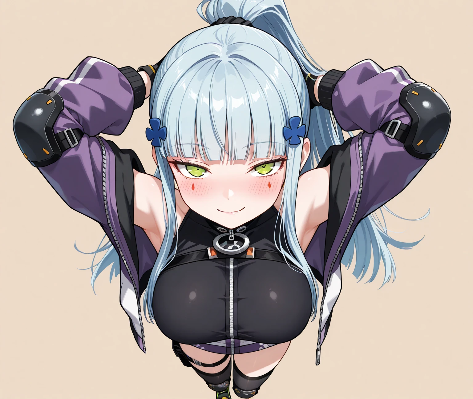 best quality,highly detailed,ultra-detailed,incredibly_absurdres,an extremely delicate and beautiful girl, beautiful detailed glow,ultra-detailed,extremely_detailed_eyes_and_face,{{{expressions}}},{long hair},Skirt,black silk stocking,hoodie ,JK,{slippers},hood,small breast,adorable girl,student,sigh,annoyed,frown,head tilt,{stretch}