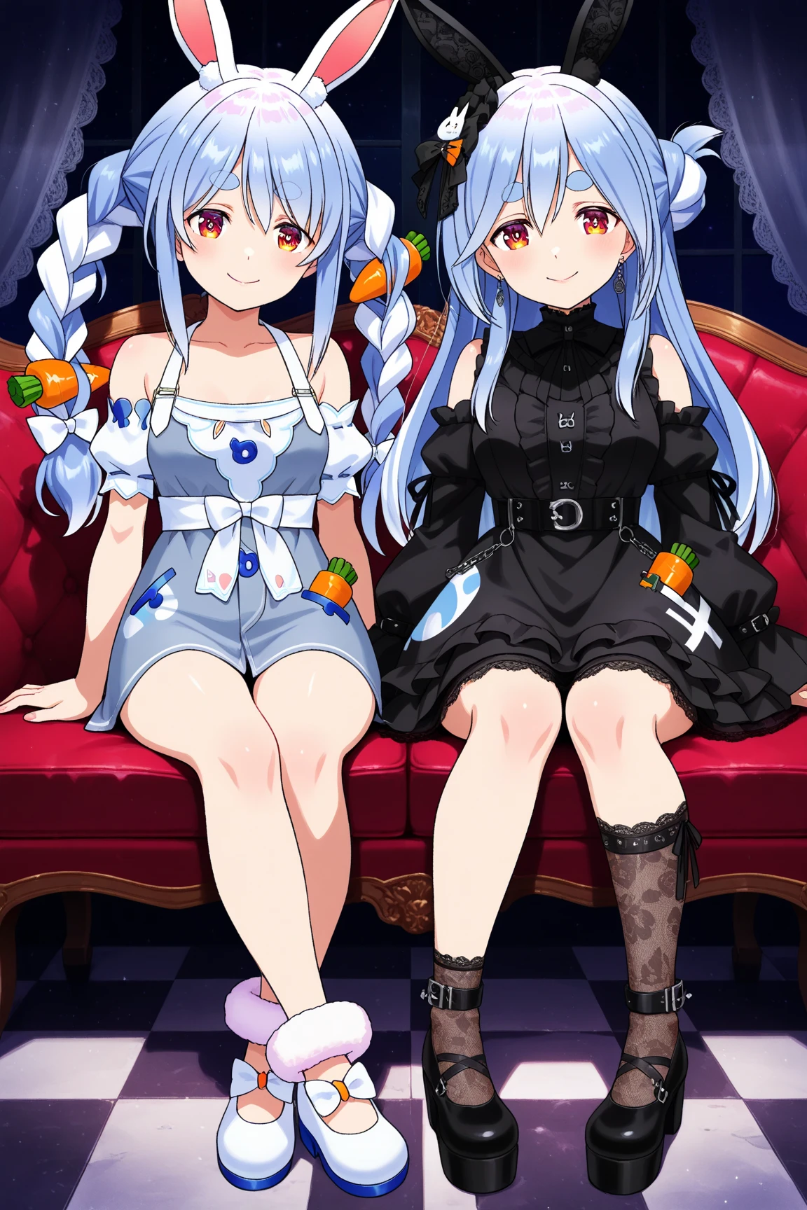 cute, is sitting, legs are clamped, embarrassed face, blushes,holds hands in fists