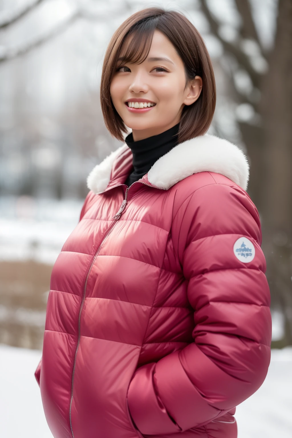 1girl,,(RAW photo, best quality), (realistic, photo-realistic:1.4), masterpiece, an extremely delicate and beautiful, extremely detailed, 2k wallpaper, Amazing, finely detail, extremely detailed CG unity 8k wallpaper, ultra-detailed, highres, soft light, beautiful detailed girl, extremely detailed eyes and face, beautiful detailed nose, beautiful detailed eyes,cinematic lighting,perfect anatomy,slender body
(at a park), (winter scenery),(snow park in the background), Sapporo Odori Park Winter Festival, festival lights (bokeh)
(wearing winter jacket) 、薄い茶髪
(smile)
(short hair)