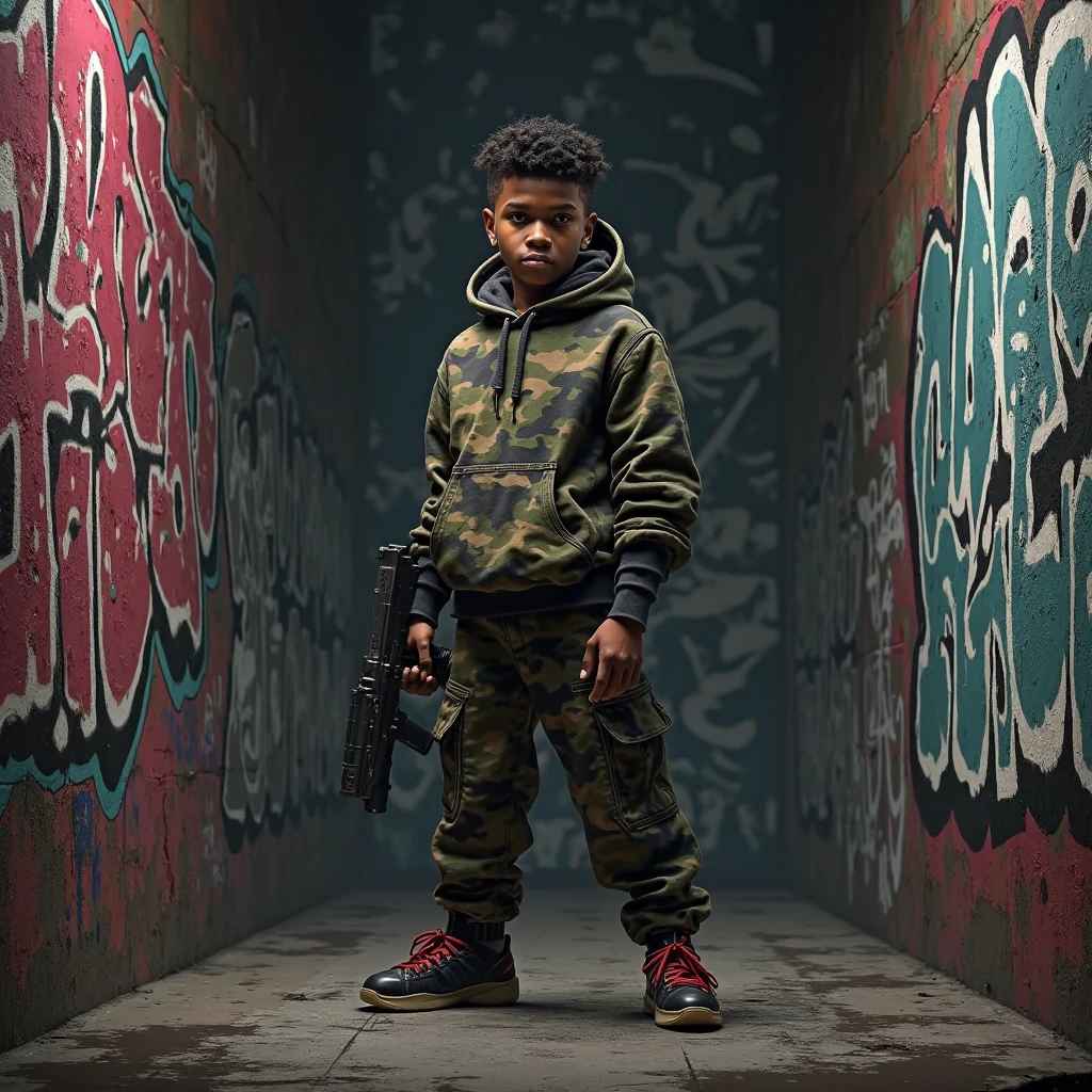 boy, dark skin tone, skater gangstar outfit, evil smile holding a baseball bat backwards with both hands, about to hit the camera