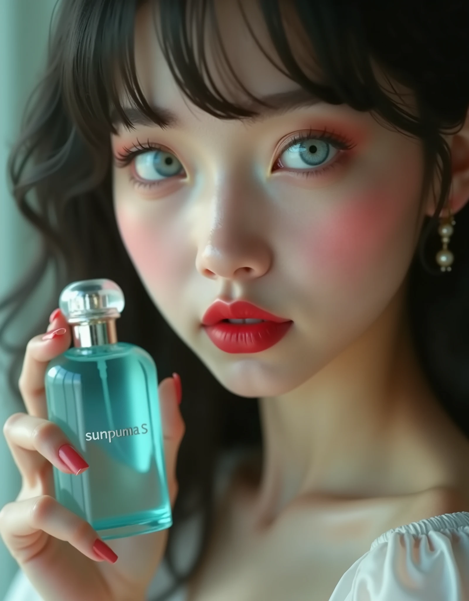 ((RAW Photo), Absurds, (Absurd Resolution)), ((Hyperrealism, Photorealistic)), (beautiful woman, fabulous hostess, 21 years old model), (realistic pupil, crystal clear light grey eyes), (make-up, red lips), (shiny hair, resting on her shoulders), (standing), (holding in her perfect feminine hands with painted nails), (holding near her face a bottle of perfume with the name: «SunPuma S»), (turquoise blue perfume bottle with the name: «SunPuma S»), (Extreme Close-Up Photo). «SunPuma S»
