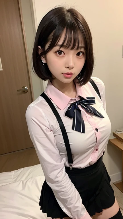 ((8K、Raw photography、top-quality、masterpiece)、high definition RAW color photos professional close-up photos、(realisitic、photorealisim:1.37)、(top-quality)、(Best Shadows)、鎖骨, ((up of face))、((directly in front))、A sexy、超A high resolution、high-definition CG unified 8K wallpapers、physically-based renderingt、Cinematographic lighting)、a 18 year old girl、 (dress shirts, bow ribbon、high-school uniform:1.2)、High School Classroom, beautiful finely detailed eyes, Light on the Face, ((up of face:1.2)), especially strong light, (Kamimei、ignore:1.2),glowy skin、((A dark-haired、bobhair:1.2))、(Face when kissing), full of shyness, (The Flash:1.2), NSFW, (Idol)、((Sit at a desk in the classroom:1.2)), ((Good anatomy:1.2))、((Bright and refreshing classroom、blur backgroun:1.2))、face perfect、kawaii faces、(high-angle shot:1.2)