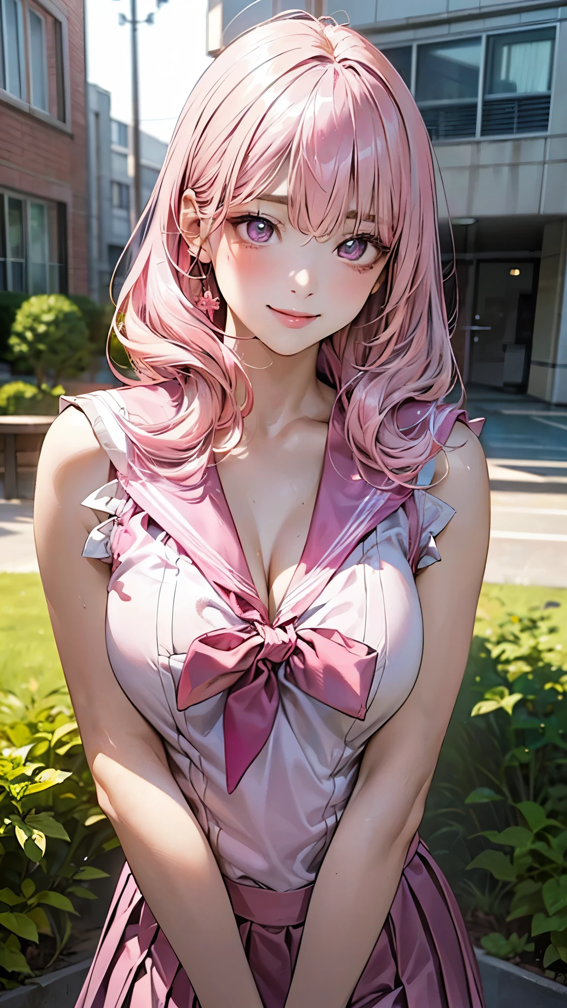 ((Highest quality, 8k, masterpiece :1.3)), (Sharp focus :1.2, Beautiful woman with perfect figure :1.4, Slim Abs), ((Big Breasts, Emphasize cleavage:1.2)), (Photorealistic:1.4), (realistic:1.4), (Pink Hair:1.5), Highly detailed face and skin texture, Fine grain, double eyelid. Makeup face, A little bit of lipstick, sex appeal, Sexy gravure pose, ((White sailor suit with red ribbon、The background is a schoolyard with cherry blossom petals falling in the air.、A gentle smile、Bracelet on wrist、Sexy pose with one leg up。:1.3)