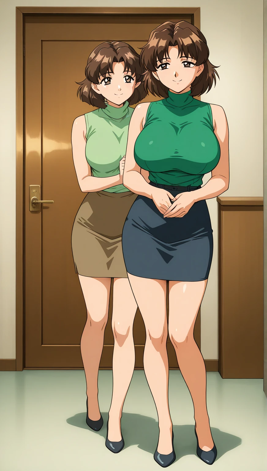 best qualityer,(tmasterpiece:1.2),highly detailed,sitted,Mature woman,
1girll, 独奏, hamaoka azusa,
looking at viewert,ssmile,,
Purple eye,Purple colored hair,short detailed hair,green-shirt,Red bra strap,Full buttocks,plumw,big breasts body