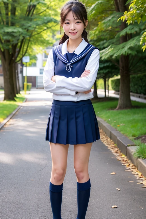 Japan Sailor School Uniform、dark blue school uniform、navy pleated skirt、beautiful girl、、(((Leave the hem of the sailor suit outside)))、black hair、ponytail、((No bangs:1.2))、((put out one's forehead))、I love you、Moist eyes、Spinning、white socks、loafers、