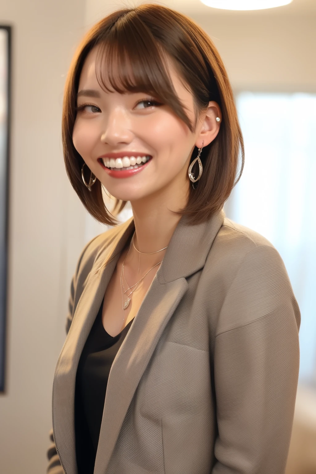 A neat and clean young woman、office lady suit、jacket、shirt、necklace、and look at the camera、 smile showing teeth、ear piercing、 pale brown hair、hairstyle shortcuts、upper body、Background is in a room