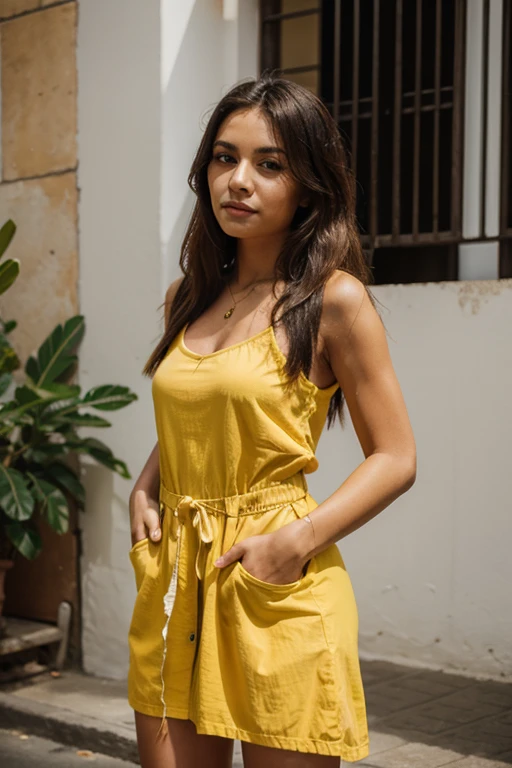Craft a photorealistic, ultra-high-res image of a curvy Russian woman in a short, orange dress posing against the blue buildings of Jodhpur. Use film grain and the vibrant contrast between her orange dress and the blue backdrop for a striking image. Close-ups should focus on her wavy hair and the textures of her dress. Export in RAW with a contrasting, vibrant Instagram LUT