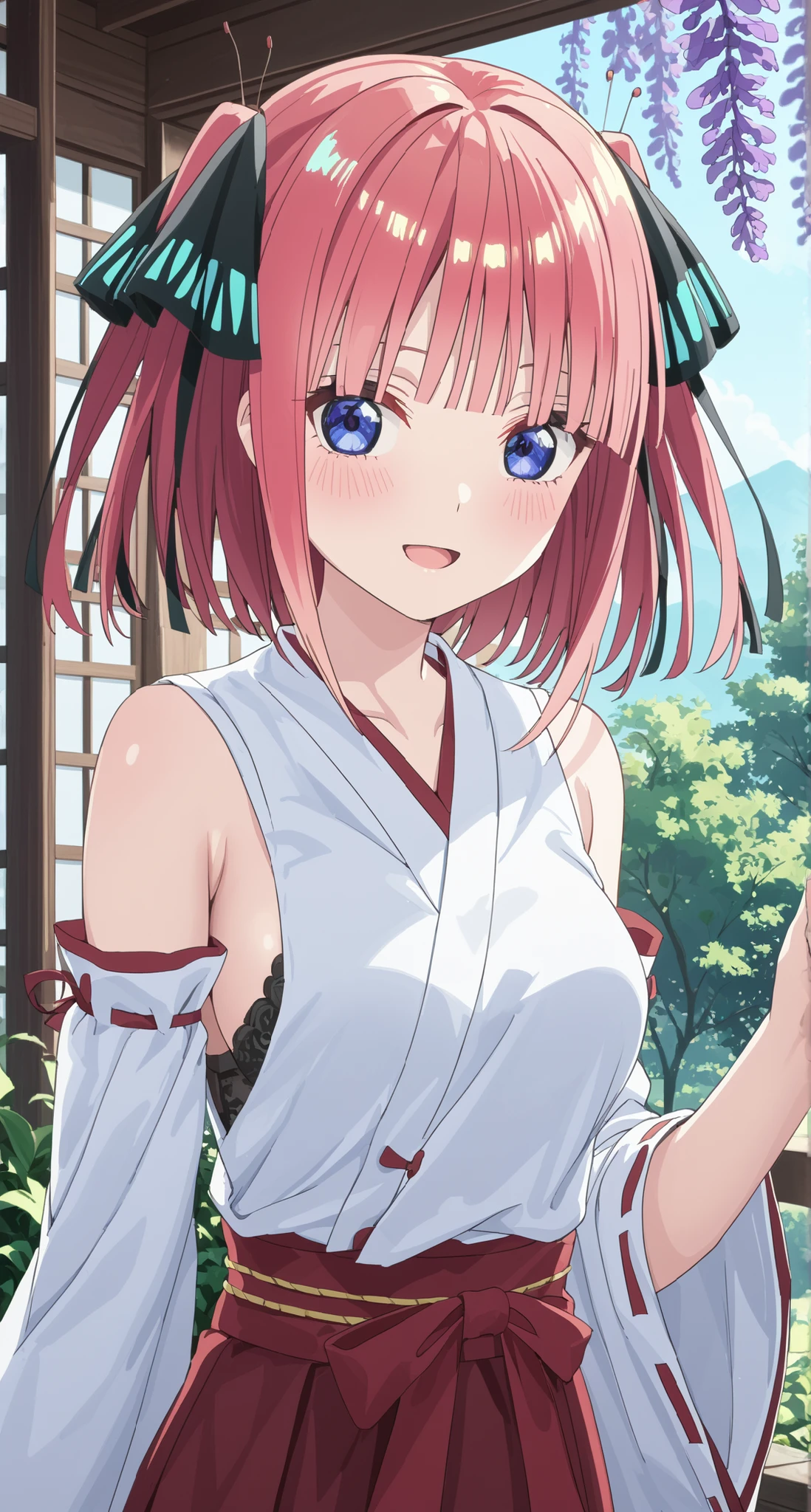 nsfw,nakano nino,glass cover,side shot,alternate color,masterpiece,detailed illustration,lifelike,{{{Cute 1nakano nino}}},shiny beautiful woman,cinematic lighting,dynamic angle,dynamic pose,depth of field,white miko,looking at viewer,short hair,pink hair,shiny hair,hime cut,twintails,two side up,hair ribbon,butterfly hair ornament,blue eyes,blush,medium breasts,black bra,side boob,sleeveless,Detached sleeves,red long skirt,open mouth,light smile,shrine,wisteria flowers,wisteria confetti
