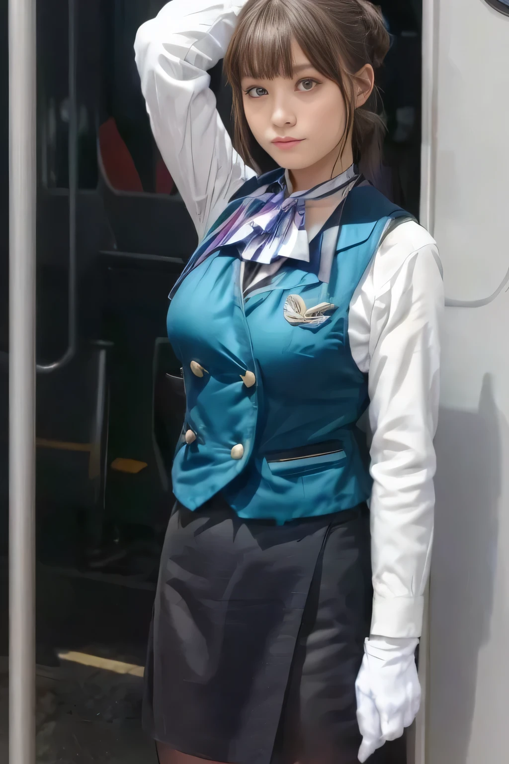 (masterpiece:1.2, Highest Quality :1.2), 32kHDR, Kampala, (alone、 1 girl on break day)、(what 、 professional light )、In-flight background、( realistic style wearing a Nankai Electric Railway crew uniform )、(( Nankai train crew uniform green vest ))、(( Nankai train crew uniform white long sleeve blouse without stand collar )) 、(( Nankai Electric Railway crew uniform black curly culotte skirt 、 I have a scarf wrapped around her neck ))、 Dark Brown Hair 、( long hair、 Hair tied up 、 Hair tied up )、 Dark Brown Hair 、 long hit 、Big Breasts 、thin legs、(( amazing hand :2.0)),(( A harmonious body shape :1.5)),((Normal肢体:2.0)),((Normal :2.0)),(( watch :2.0)),((Normal目:2.0)))、smile、( Nankai train crew uniformを着た美しい女性 )、 Hands crossed under the body