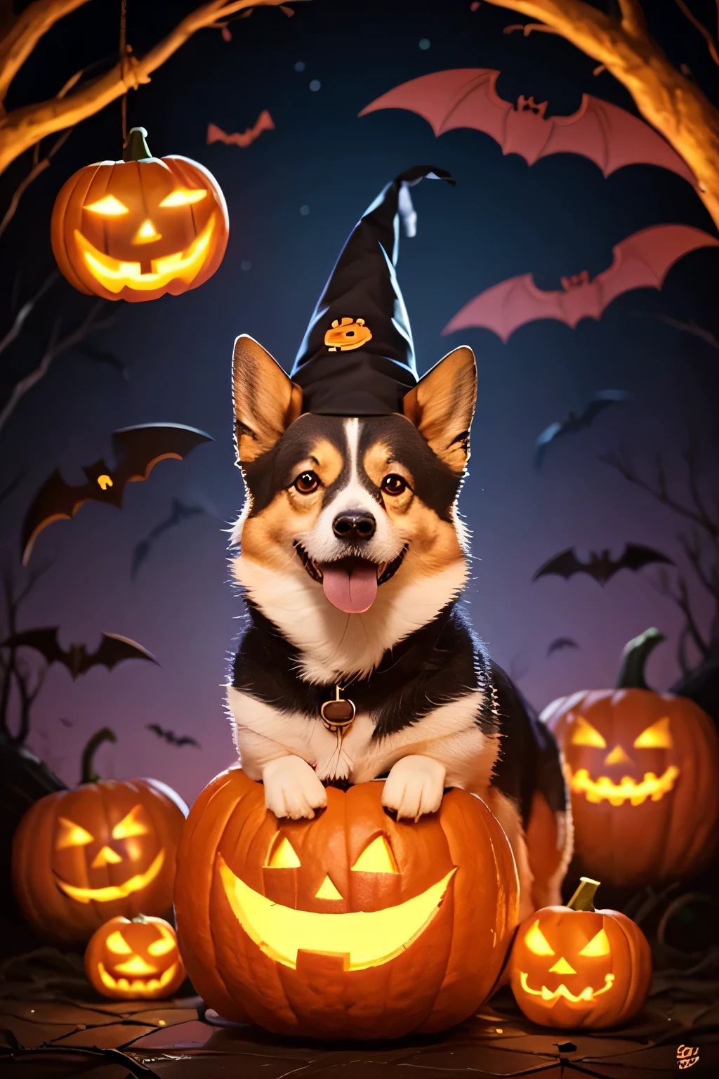 Dog model, Anthropomorphic image, golden retriever dog head human body, standing, dressed as a witch for Halloween, wearing a black pointy hat, a cape with spooky patterns, surrounded by pumpkins, bats, and a full moon in the background. The dog looks happy and playful, with a magical wand in its mouth, set in a dark and eerie forest. Halloween atmosphere with orange and purple lighting