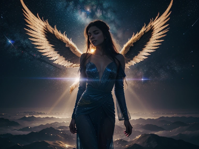 (​masterpiece), (top-quality:1.4), absurderes, [:intricate-detail:0.2], angelicales, Angel wings, milkyway, Skysky, shimmering aura, Intense focus, Crackling energy, mystic symbols, sparkling motes,Background in the forest、one wing is black