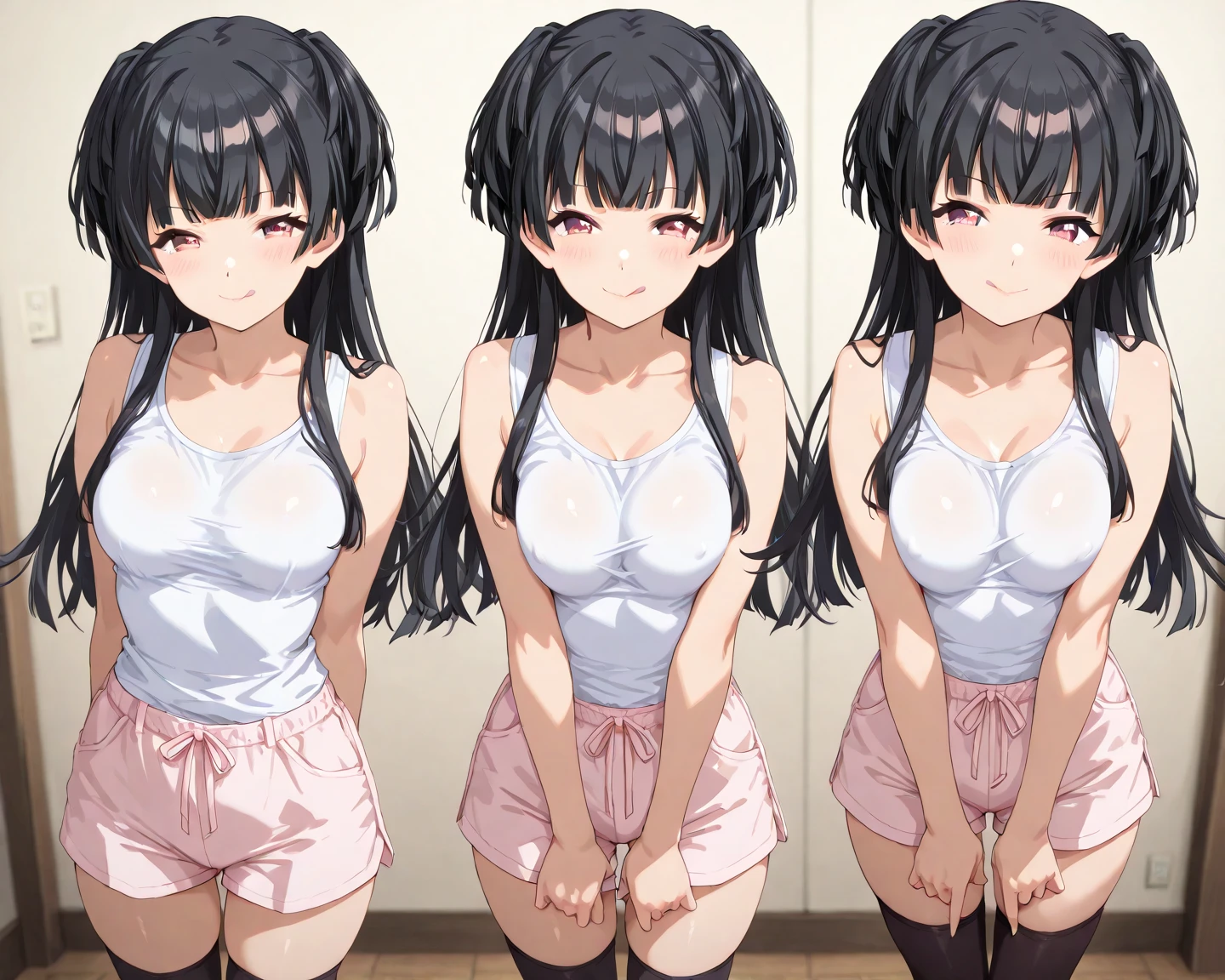 A girl with short black hair and modest pubic hair is made to stand in only her underwear, a bra and panties, and is crying as several male students touch her breasts and crotch.、Shaking and crying with embarrassment、Standing posture