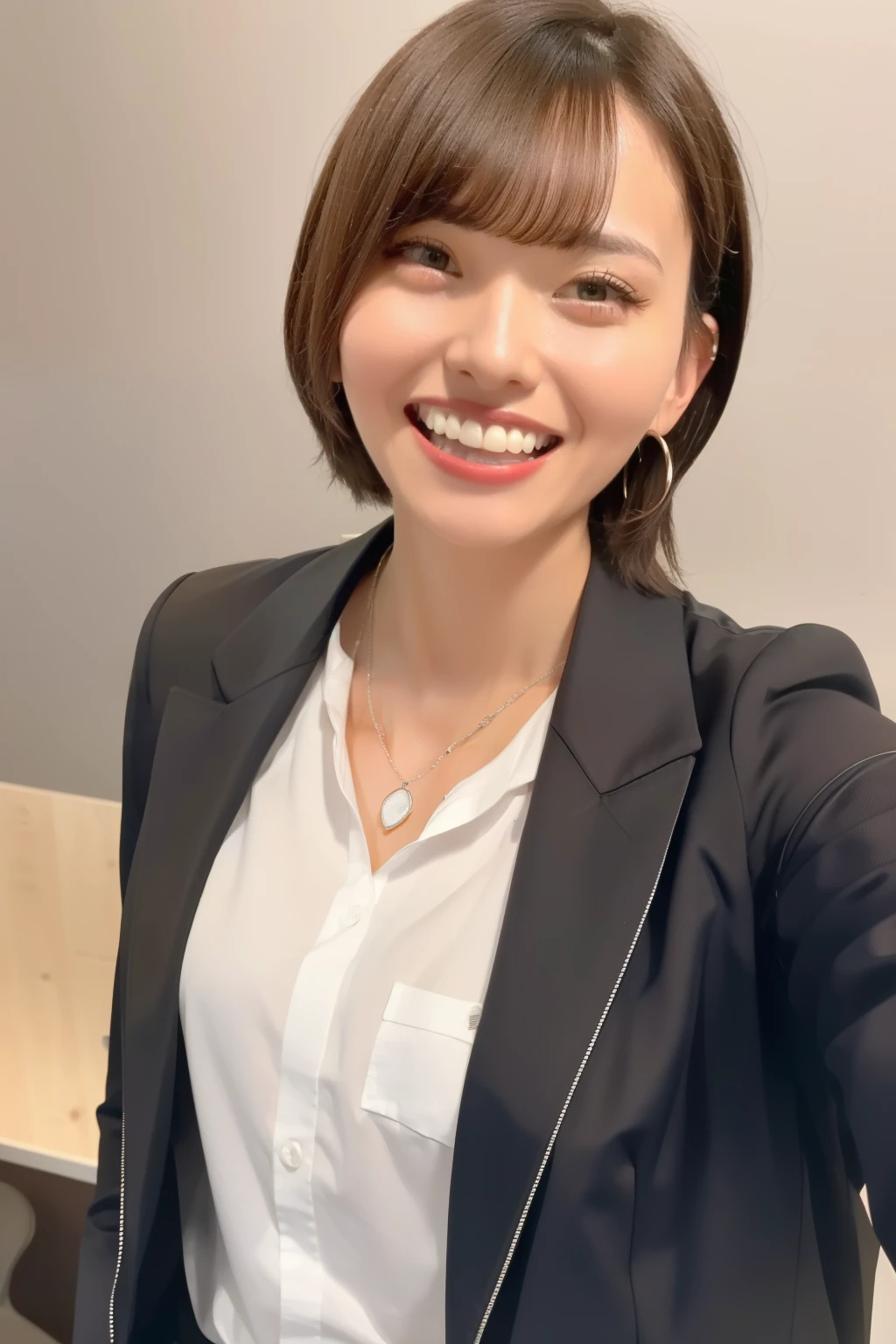 A neat and clean young woman、office lady suit、jacket、shirt、necklace、and look at the camera、 smile showing teeth、ear piercing、 pale brown hair、hairstyle shortcuts、upper body、Background is in a room