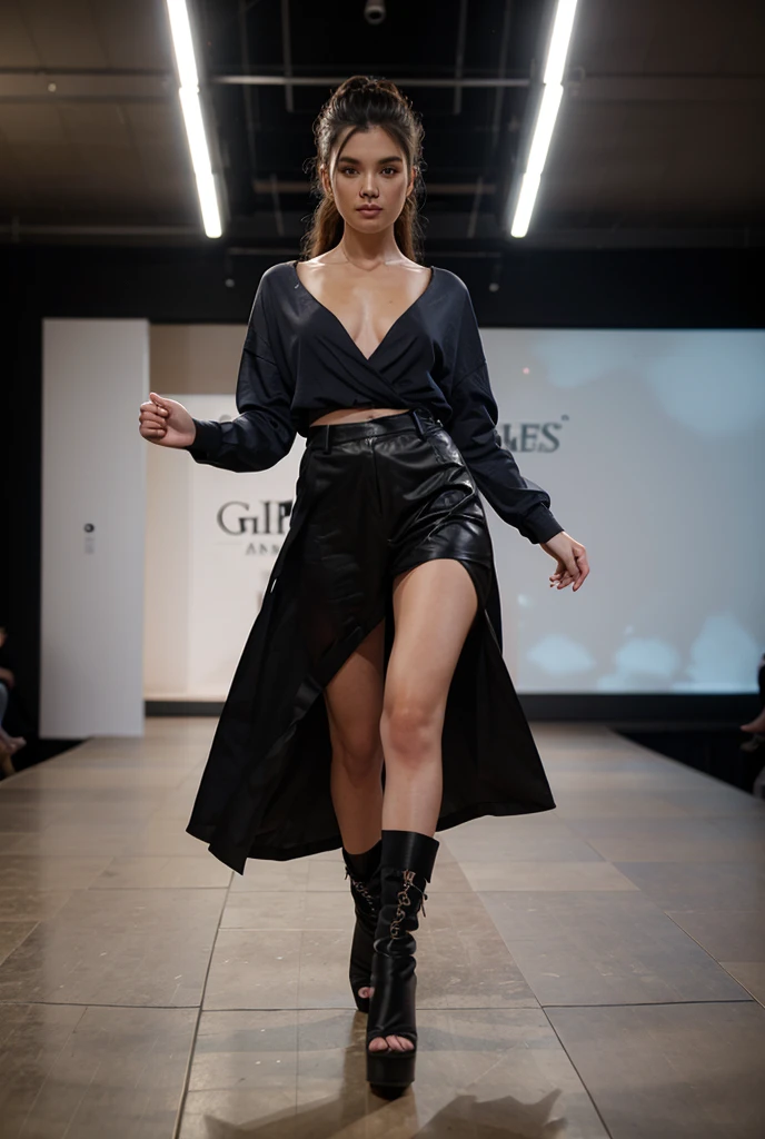 Hot woman modern, gritty environment, sexy, stylized raw, revealing outfit, tight woolen top, 