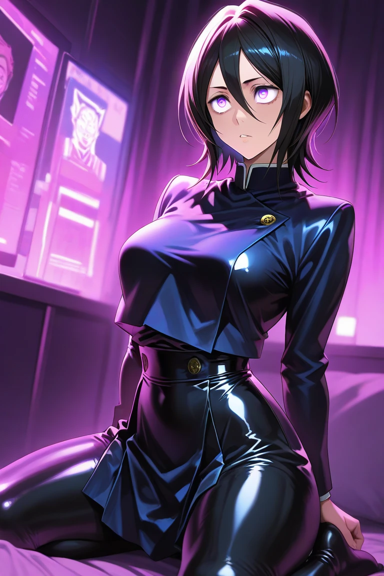 tomboy egirl, gamer girl, short hair, black hair, in the room, e-girl black t-shirt, black skirt, violet eyes, full body. potrait. heart pupils. 1girl. cute. idiot. A fantastic face. Fantastic eyes. Symmetrical eyes. Symmetry. Beautiful face. Realistic face. Beautiful eyes. Detailed face. Detailed eyes. Detailed suit. High quality picture. Detailed picture. Masterpiece. A high resolution, highly detailed detailed cinematic rendering, ultra photorealistic raytricing, with cinematic lighting