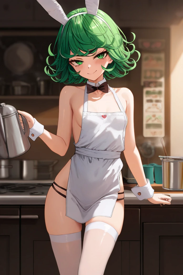 (Best Quality, Masterpiece),sexy mommy, Front cover of a women's cooking magazine, , naked, erotic, 18+, nsfw, 1girl, 30 years old, stunning, cute, heartwarming smile, hourglass figure, super mini bikini, pinny apron, beautiful food, text, diagrams, advertisements, magazine title, short green hair, green eyes