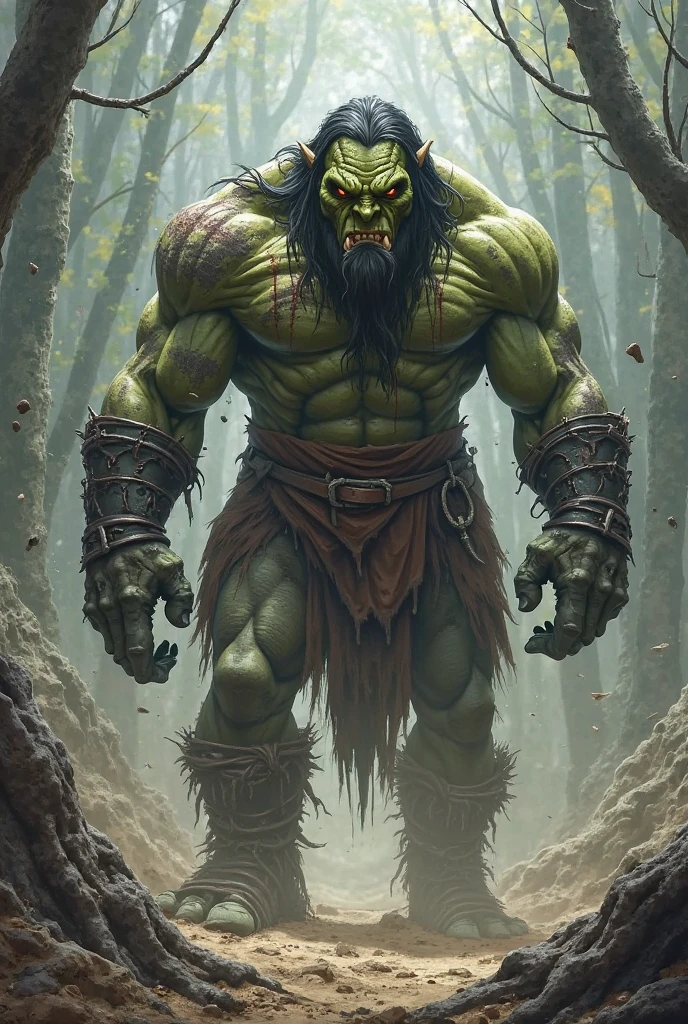 Create a green man, very strong with scar on his face, with an angry face, like the HULK