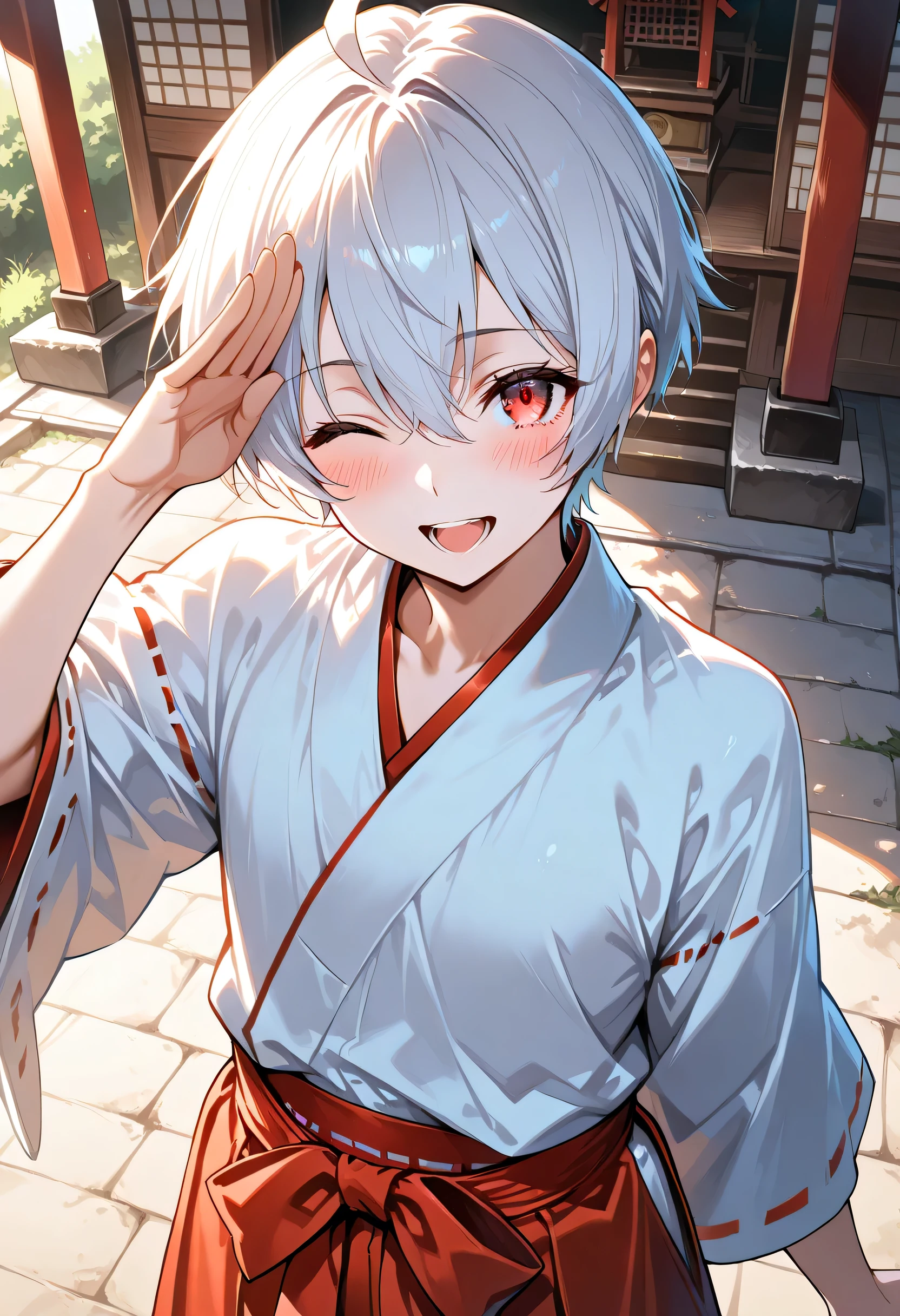 score_9, score_8_up, score_7_up, source_anime, masterpiece, solo, ((femboy)), ((feminine male)), ((Ahoge)), ((White very-short hair)), red eyes,((((miko)))), kind smile, open mouth, one eye closed, blush, BREAK (Japanese shrine), ((salute)), from above, looking at viewers,