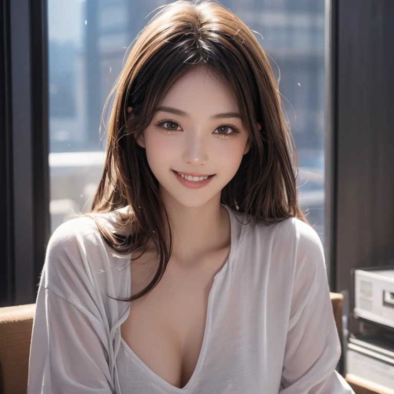 full body、(8k、RAW Photography、top-quality、Masterpiece:1.2)、ultra-detailliert、超A high resolution、High-detail RAW color photos、professional photograpy、finely detail、Very detailed beautiful woman、extra detailed face、extremely detailed eye、highlydetailed skin、extremely detailed fingers、highly detailed nose、highly detail mouth、perfect anatomia、adult lady、 1girl in、((Longhaire))、(hotel)、natta、shortpants、Clothing with an open chest、Looking at the camera、a smile
