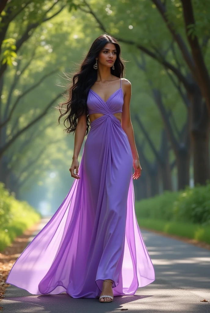 girl, sunset, against light, walking, purple autumn dress, vivid colors, reflexes, Light effects, butterflies, medium breasts, Masterpiece