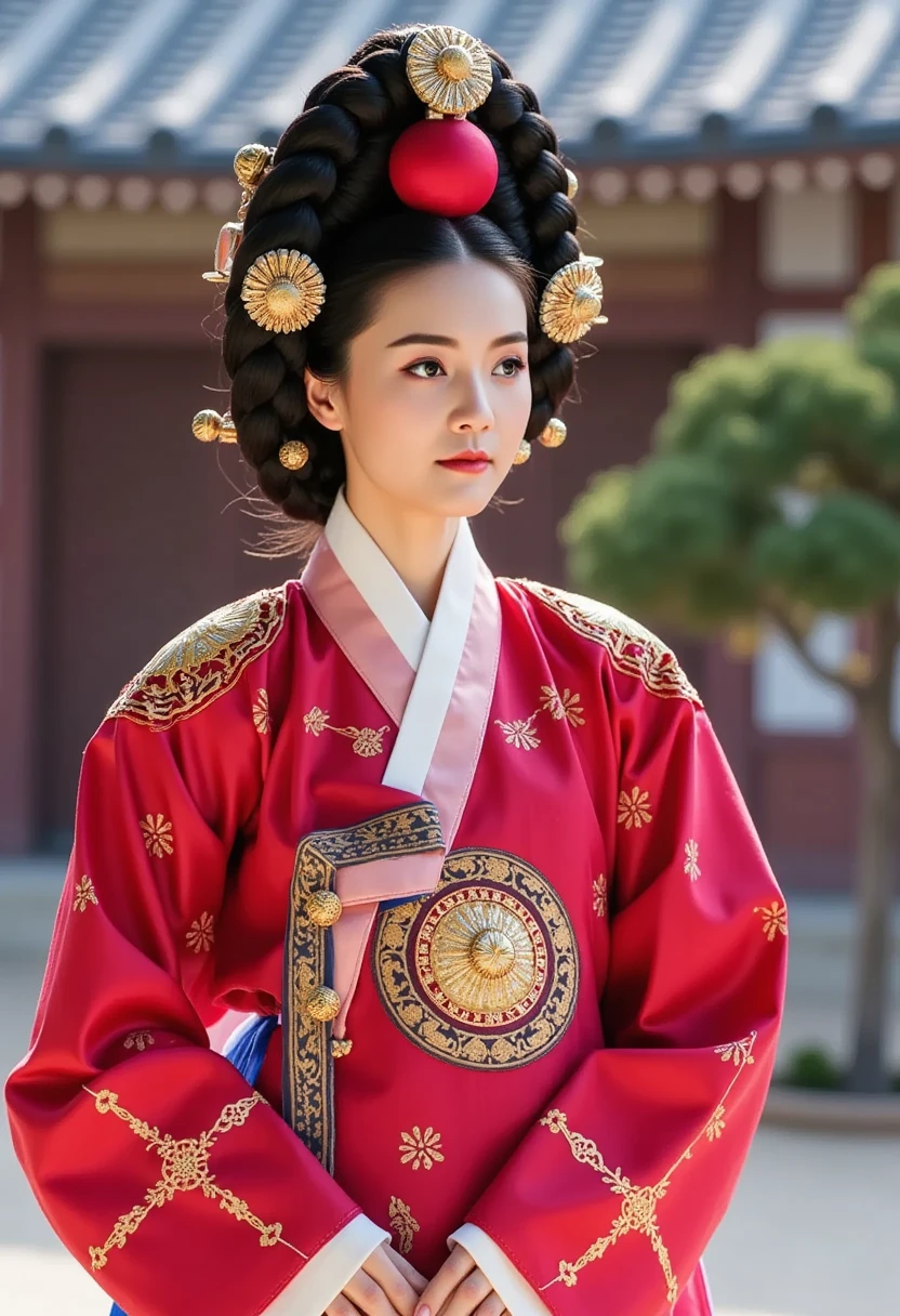 [CHARACTER: Tang Dynasty Imperial Noblewoman]  
Appearance: A breathtakingly beautiful Chinese woman with luminous porcelain skin, elegant oval face, soft round eyes, and an aura of authority mixed with sensuality.  
Outfit: Wearing an **extravagant Tang Dynasty hanfu**, with layers of **rich silk robes** in hues of deep red, gold, or royal purple, adorned with **phoenix and peony embroidery**, golden trims, and flowing wide sleeves. Her outer robe drapes gracefully, revealing inner layers with intricate brocade.  
Hair: Styled in a **tall, elaborate Tang court updo**, decorated with **gold phoenix pins**, **jeweled crowns**, **floral hair ornaments**, and **dangling pearl strings**.  
Expression: Regal and composed, with a soft, knowing smile or a serene, powerful gaze — full of imperial charm and timeless grace.  

[SCENE]  
Location: Standing or seated in a **Tang Dynasty palace hall**, or on a marble terrace with carved dragons, red pillars, and hanging silk drapes. Optionally near **an imperial lotus garden** or **silk-curtained balcony** overlooking the court.  
Lighting: Warm golden indoor lighting, with beams of sunlight from tall windows or lanterns casting soft highlights on silk textures and jewelry.  
Mood: Grand, majestic, and intimate — capturing the elegance and dominance of a woman born to rule.  

[CAMERA]  
Full-body or mid-length portrait, capturing the flow of the robes, the headdress, and facial expression. Side angle or slight tilt for cinematic drama.  

[STYLE]  
Ultra-realistic 8K, cinematic lighting, dramatic shadows, soft focus on background to enhance regal presence.  
Avoid cartoonish tone — use royal color palette, authentic textures, and Tang Dynasty aesthetics.
