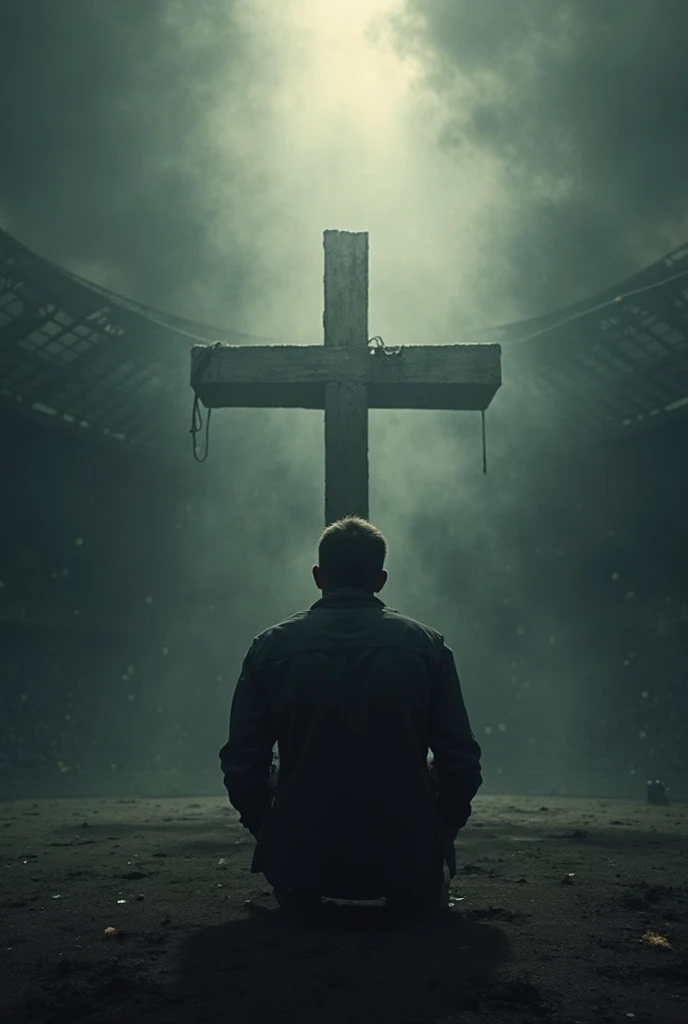 A 27-year-old man with short black hair wearing a BBN Office shirt stands in front of the cross of Jesus.