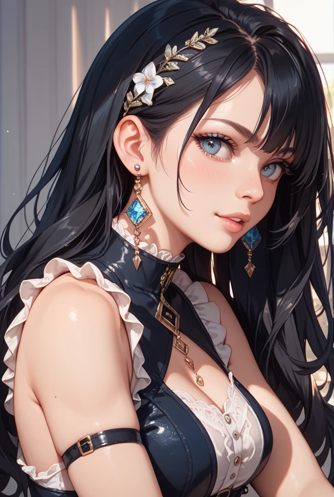 1 girl, high resolution, long black hair, blue eyes, wearing cute and modest black dress, not confident, weak, scared, detailed face, blushing, ultrasharp, 8K, masterpiece, big breasts, cleavage shown , pale white skin, no bangs or fringes, forehead seen, massive breasts, nipples seen