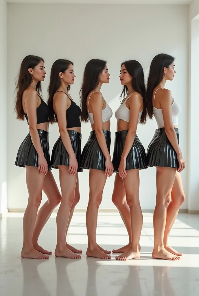 Five women standing in line, random dresses, like model, high heels, a large white room studio, random hands poses, 