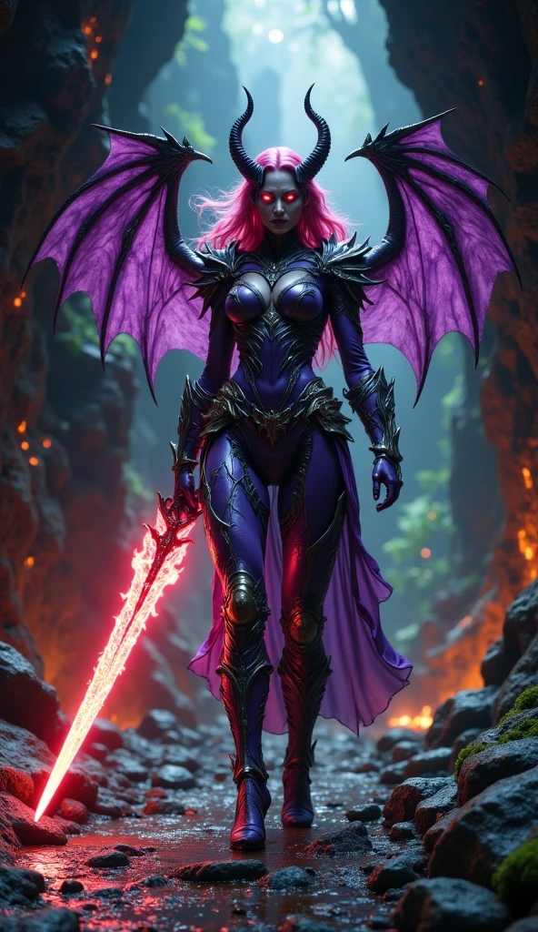 Lisa Ann as a hyper-giant, Hyper-powerful demon with a demon horn on its head and demon wings, and throws purple lightning bolts at a building, ville en ruine post apocalyptique,