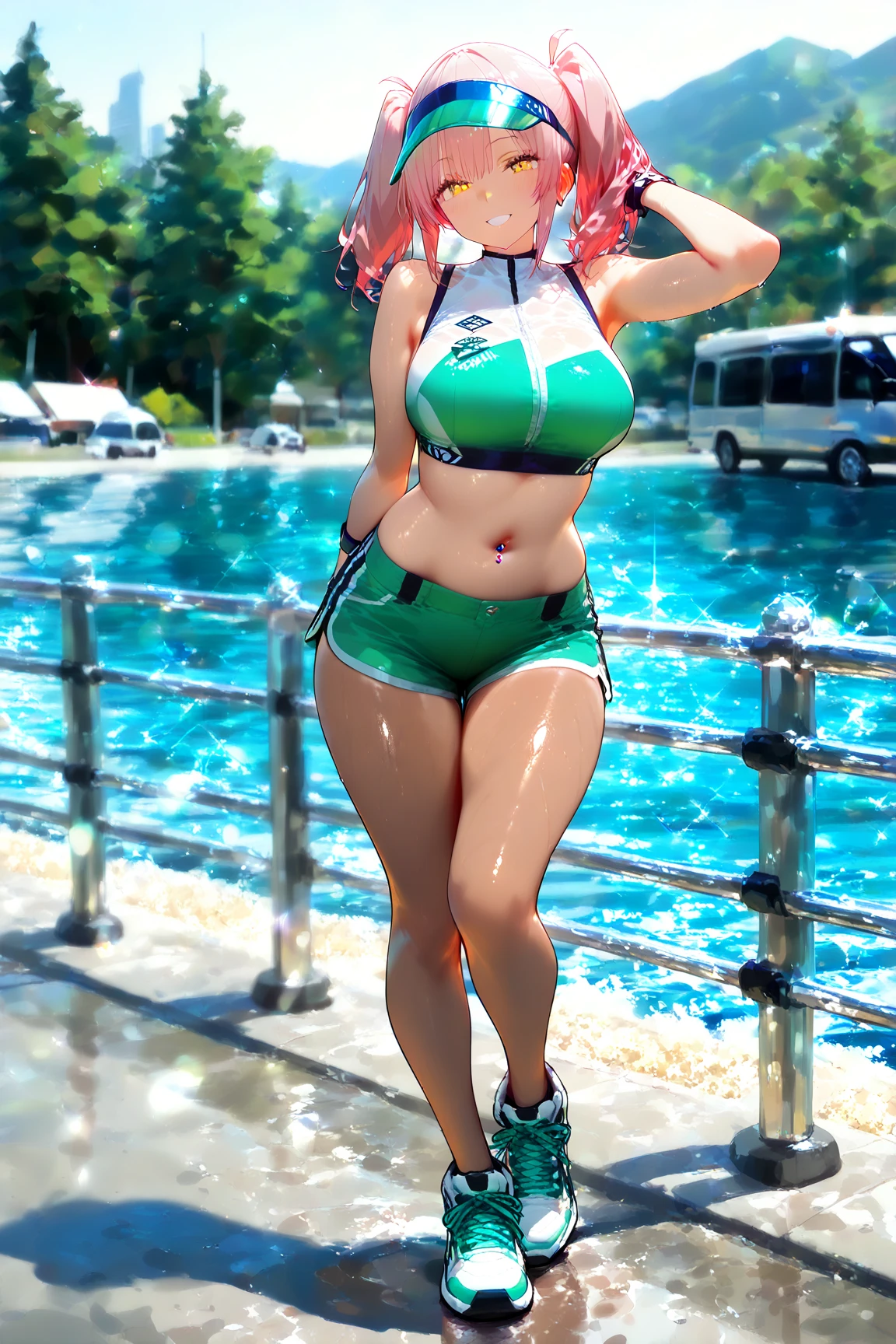 ((20 year old)) redhead women wearing  (camo) printed white onepiece) swimsuits, thicc wide hips, extremely busty (beach) sand, water, sky, noon