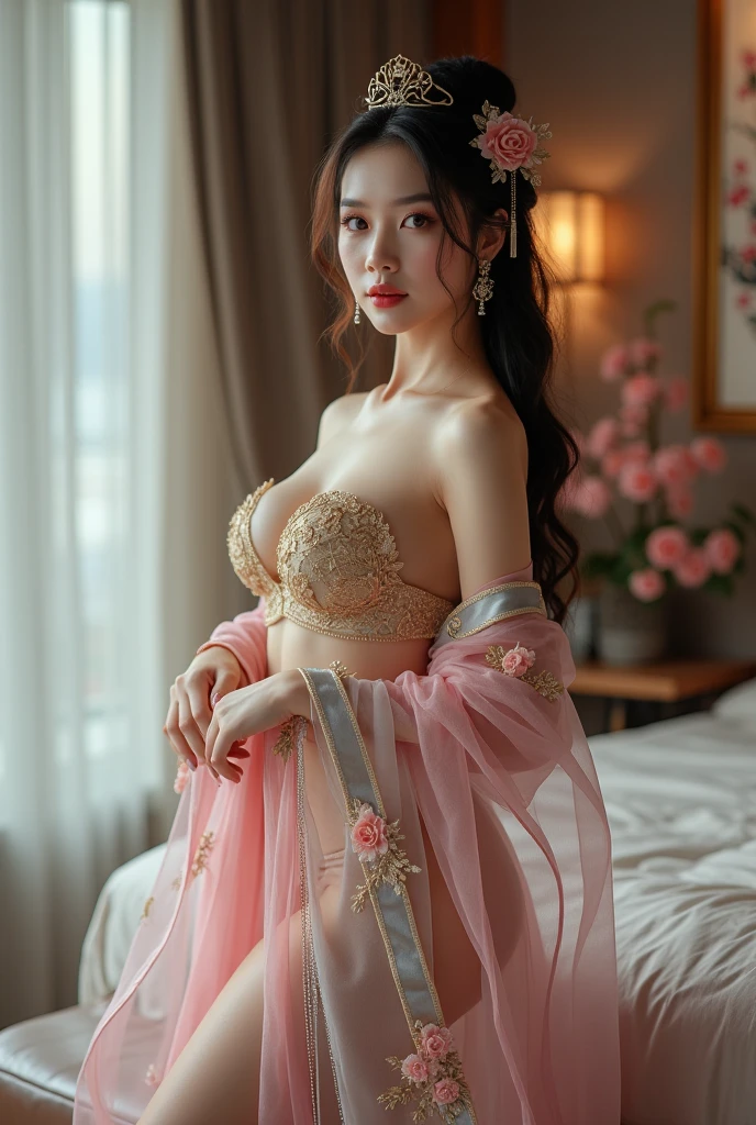 ancient chinese costumeを着て, ((Beautiful fantasy queen)), ancient Chinese Princess, Chinese style, chinese traditional costume, ancient chinese costume, Beautiful fantasy queen, Chinese Princess, Traditional Beauty,smile,, (8K, Raw photo, Highest quality, masterpiece:1.2),(Realistic, photo-Realistic:1.37),whole body、Highest quality, Photorealistic, finely, High resolution, 8Kの壁紙, Perfect dynamic composition, Detailed and beautiful eyes, Medium Hair, Big and ample breasts, sexyなポーズ,、smile、30 years old、(Droopy Eyes 1.4)、beauty、smile、whole bodyの姿、Hair tied up、Smile、sexyポーズ、smile、race、whole body、Touching the chest with hands、sexy、String underwear、thong pants