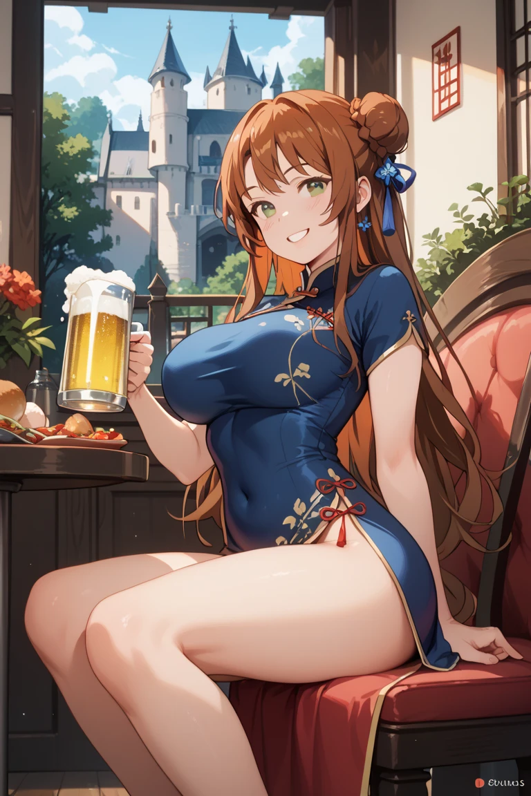 masutepiece, Best Quality, 1人、huge-breasted、bbw 、drinking wine、huge smile、In the tavern、red blush、red fluid、Chibi