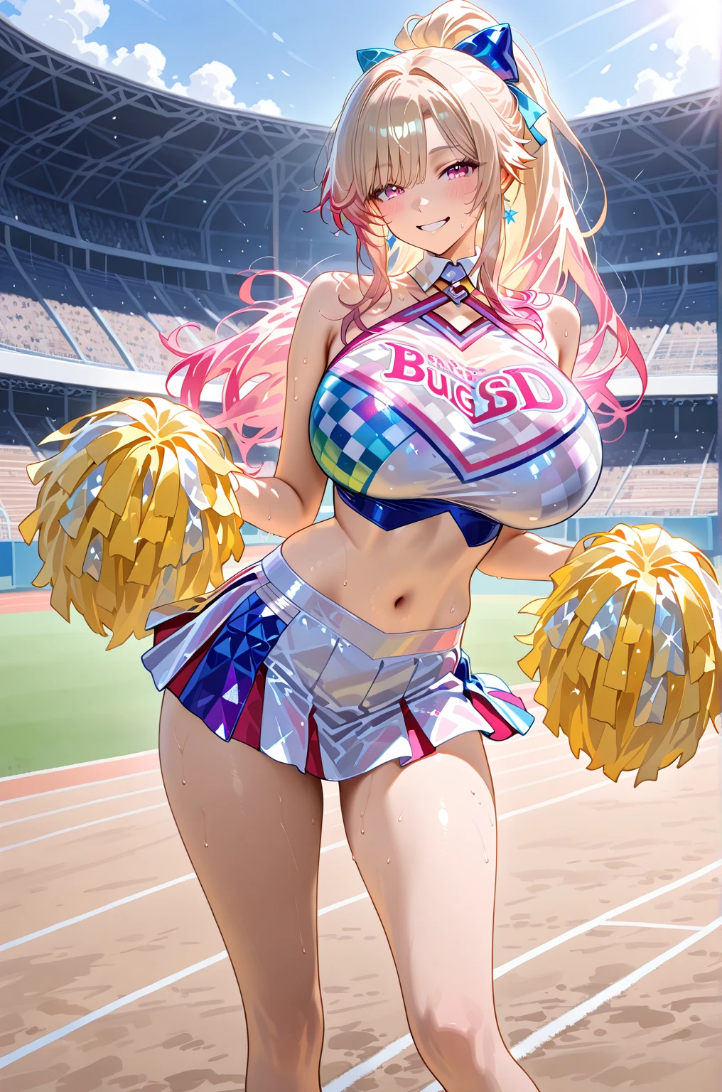 1girl,solo,,super huge breasts,looking at viewer,near,standing up, sweating, long pink hair, sweating, cheerleader, cheerleading, nsfw, golden eyes, sexy, open skin, armpits (best quality,4k,highres,masterpiece:1.2),ultra-detailed, dramatic lighting,vibrant colors,cinematic)