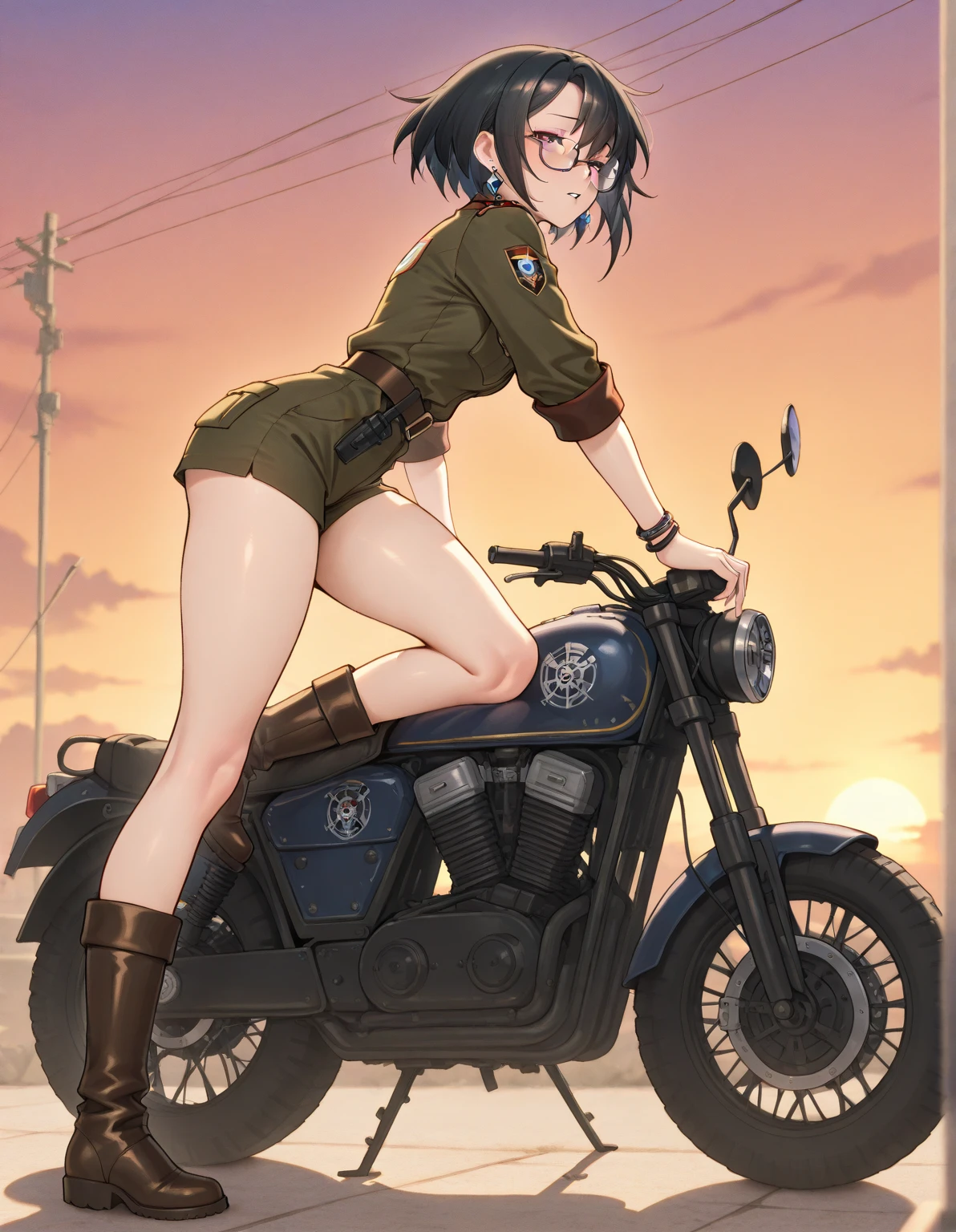 ((1 screen,Dynamic Angle:1.5)), (Highest quality,4K,8K,High resolution,masterpiece:1.2),Super detailed,(Realistic,photoRealistic,photo-Realistic:1.37), (perfect anatomy), (Perfect ratio of fingers to thumb), (Symmetrical face), BREAK 穏やかな盛夏の昼, ((hot,Sweat)),((The sunlight is dazzling)), BREAK (((Army green high leg bikini:1.5))), (Beautiful young woman rider(Helmet,Short gloves,Short boots,Wrist nakedness:1.5)), (A stunning 8-head body proportion), (Big Breasts,Beautiful valley), (Small waist), (Beautiful belly button), (Big Ass), (Beautiful limbs), BREAK (((Driving a German motorcycle during World War II:1.5))),((Run through the ranch)),((Expressing a sense of speed:1.5)),(((抜群のSprint感))),(((Sprint,Sprint,Sprint))),(((Powerful riding))),(((Flying grass and dust))), BREAK ((The breeze is pleasant)),(((A smile comes to mind))),(((fun))), BREAK 