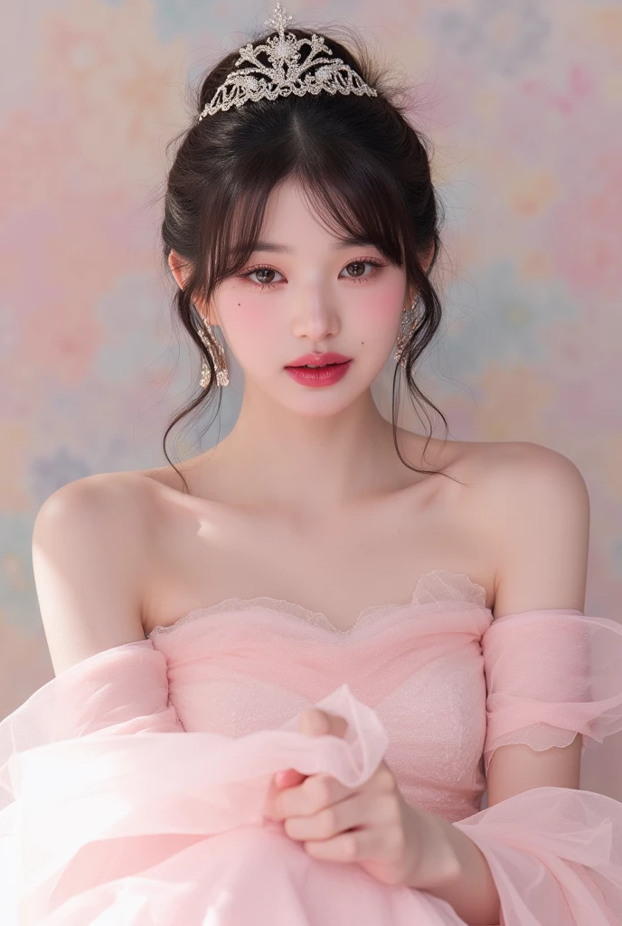close-up of beautiful korean female, 34 inch breasts size, hair between eyes, wearing pink and white tone cute idol costume, bokeh background, UHD