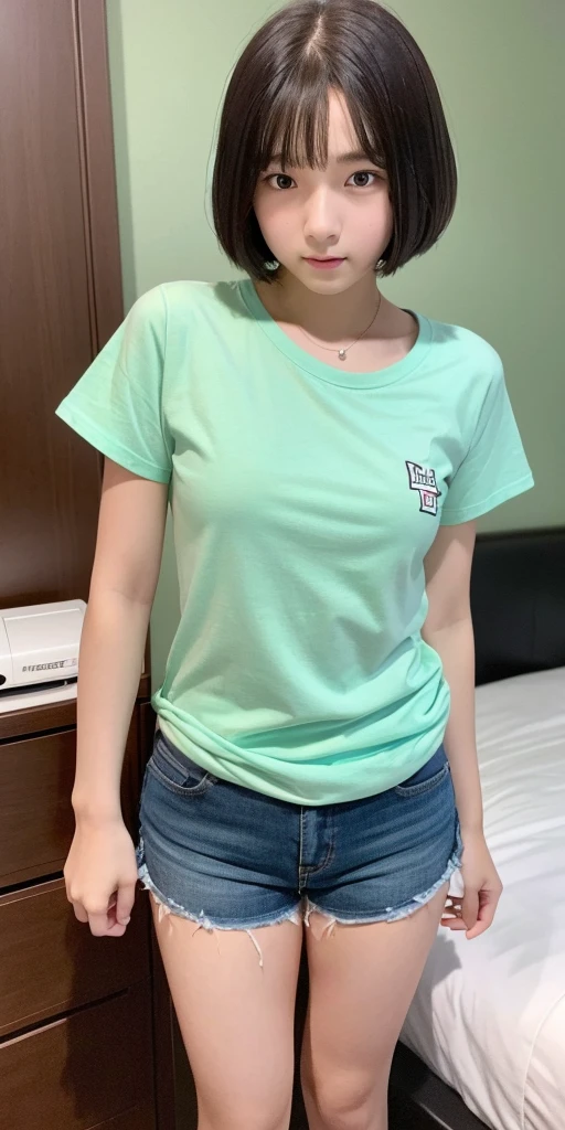 seed:2020674263.((Full body angle:1.1)).((Highest quality, 8k, masterpiece:1.3)), ((from below:1.1)).concentrated:1.2, Perfect body beauty:1.4, Hips:1.2, ((Delicate Hair)), (Colorful T-shirts、Shorts、pajamas :1.1) , ((Highest quality、8k、masterpiece:1.3))、1 Girl、A sloppy smile、Esbian all over body、Slim face、Big 、Beautiful woman、(Dark Brown Hair)、Long Hair、1.1、Flickering Valley、Detailed eyes、double eyelid、Blurred Background、超Slim face、Smile、Looking down、Bedroom.extreme extreme close-up.cowboy shot