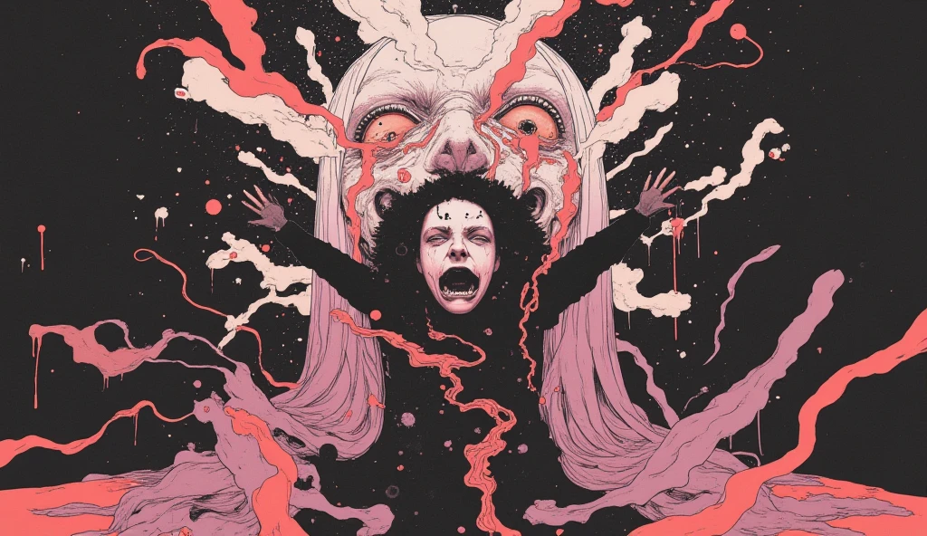 High Resolution, High Quality , Masterpiece .Hyper-realistic ink drawing with surreal colors, elements of absurdity in the style of Gerald Brom featuring post mortems aflame as a reference to tim Burton,bloodletting, broken hearts, pillls, and hemoglobin bubbles ascending into a firie sky, chiaroscuro lighting enhancing symbols of departed love, a Ufo adorned with angels emitting an air of melancholy, atmospheric mood. Macabre horror,scary stories slight details, surrealism, expressionism