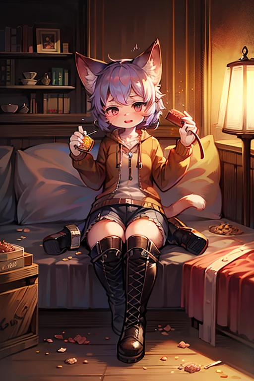 Neko Girl, with short, tight din shorts and a short, tight white top, sitting on a sofa with round red glasses