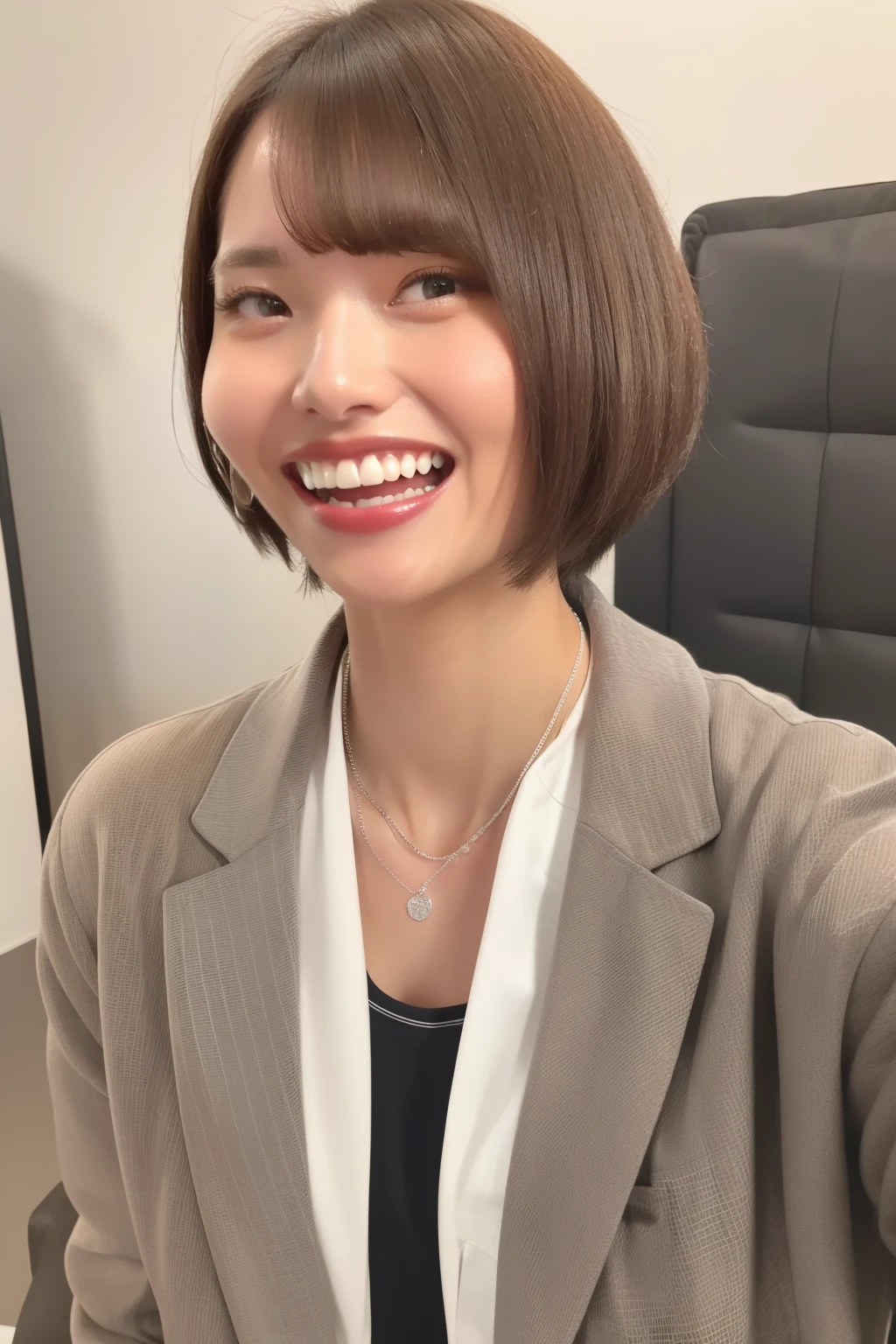 A neat and clean young woman、office lady suit、jacket、shirt、necklace、and look at the camera、 smile showing teeth、ear piercing、 、hairstyle shortcuts、upper body、Background is in a room