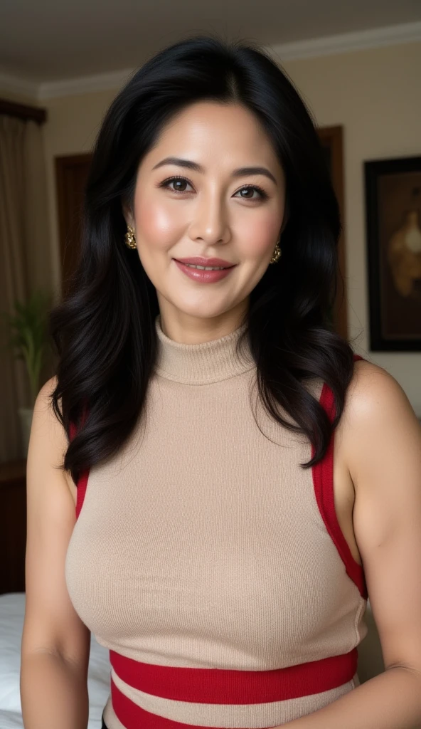 Draw lips correctly, red lipstick, from chest up, best quality, Super detailed, lifelike, Super fine skin, perfect anatomy, (1 日本Mature的女人), (alone)，Wear green sweater crew neck dress，short sleeve，wavy long hair，37-year-old female，Mature，charming smile，beach background，stand，Chubby body，Big breasts，full-body shot。