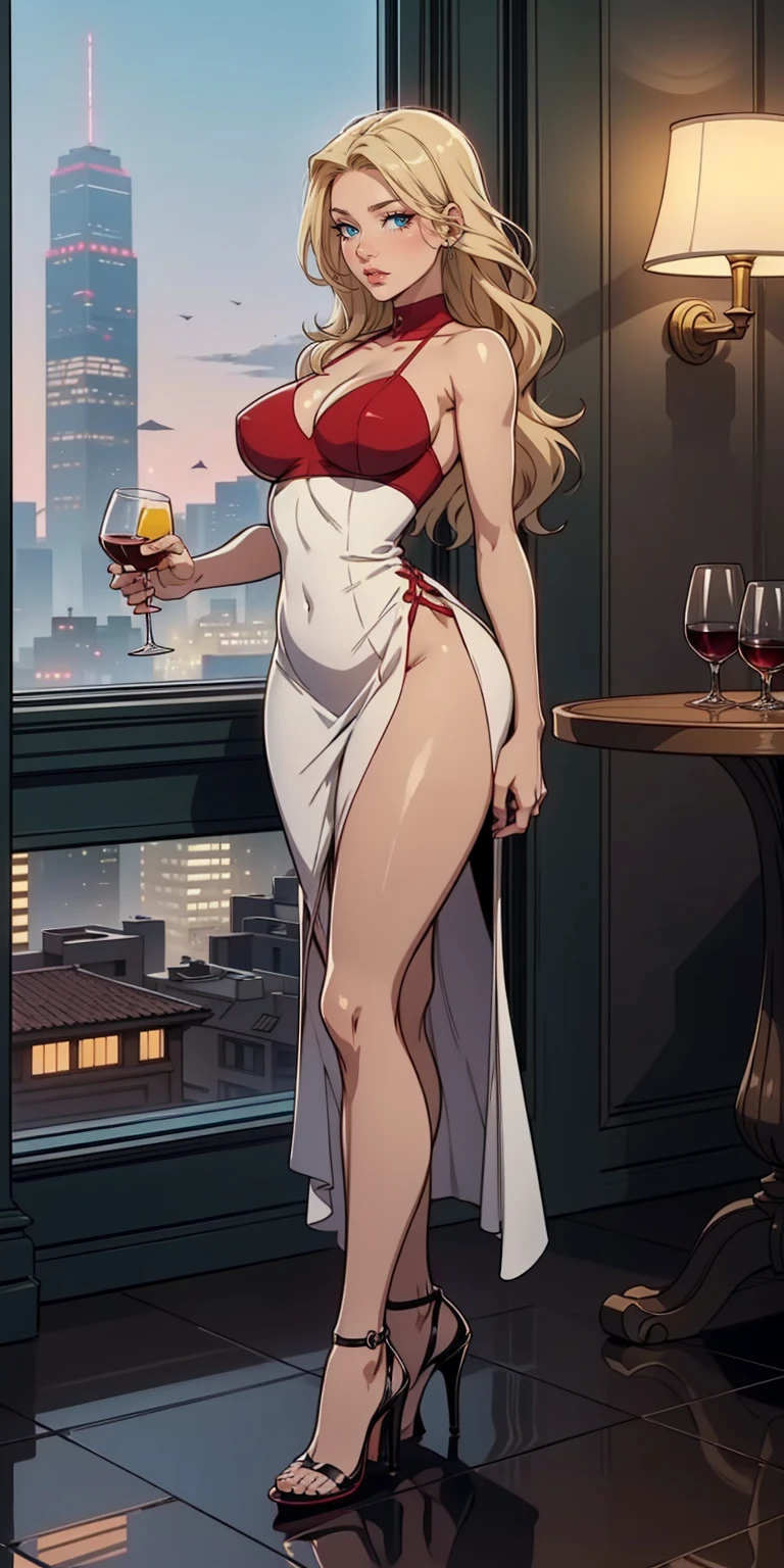 score_9,score_8_up,score_7_up,18 year old,female focus,1girl,asuna \(sao-alo\), sword art online,yuuki asuna,nsfw,brown eyes, brown hair, long hair, bangs, braid,standing,foot up,hand on hip, holding cup,(drunk-smirk),blush,large breasts,brown hair,parted hair,long hair,red dress,fur-trimmed,plunging neckline,center opening,cleavage,navel,earrings,bracelet,roof pool-party,cityscape,night ,multiple-black people,surrounding by 5 strong boys(big male harem)
