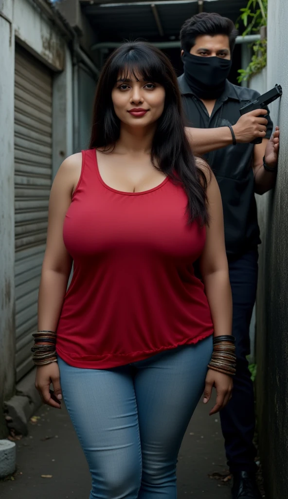 Indian married couple, man and woman, short woman with long hair, big breasts, big hip, big ass, thick curvy, 30 years indian tall man buzz cut wearing shirt and jeans, woman wearing black kurti and leggings, Couple, sexy face, detailed.
