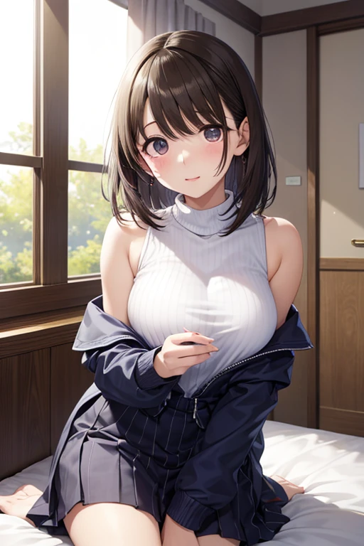 masterpiece, Highest quality, 8K, Young and beautiful girl, smile, Baby Face、(Clothed Huge breasts, Huge breasts), (The lower half is naked), Cute face, avert your eyes, Residential Street, Lips parted, No makeup, 10 generations, Detailed face, Background blur、(())、whole body, Running wariza, Between the legs,Opening his jacket Very thick pubic hair Outdoor School uniform Urinating
