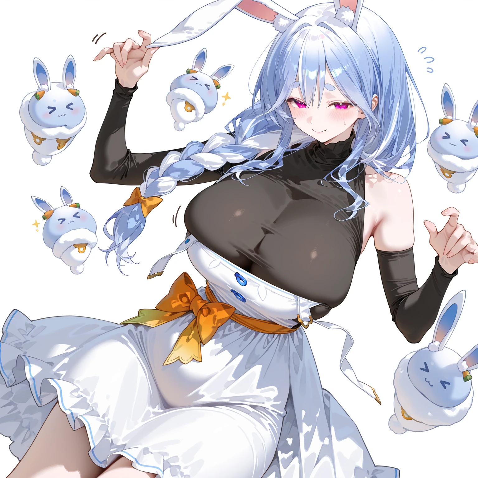masterpiece, best quality, highres, 1girl, smiling, holding carrot, orange eyes, thick eyebrows, rabbit ears, two-tone hair, blue hair, white hair, long hair, twin braids, hair ornament, fur collar, white dress, fur-trimmed dress, bare shoulders, black leotard, strapless, cleavage, detached sleeves, puffy short sleeves, black gloves, black pantyhose