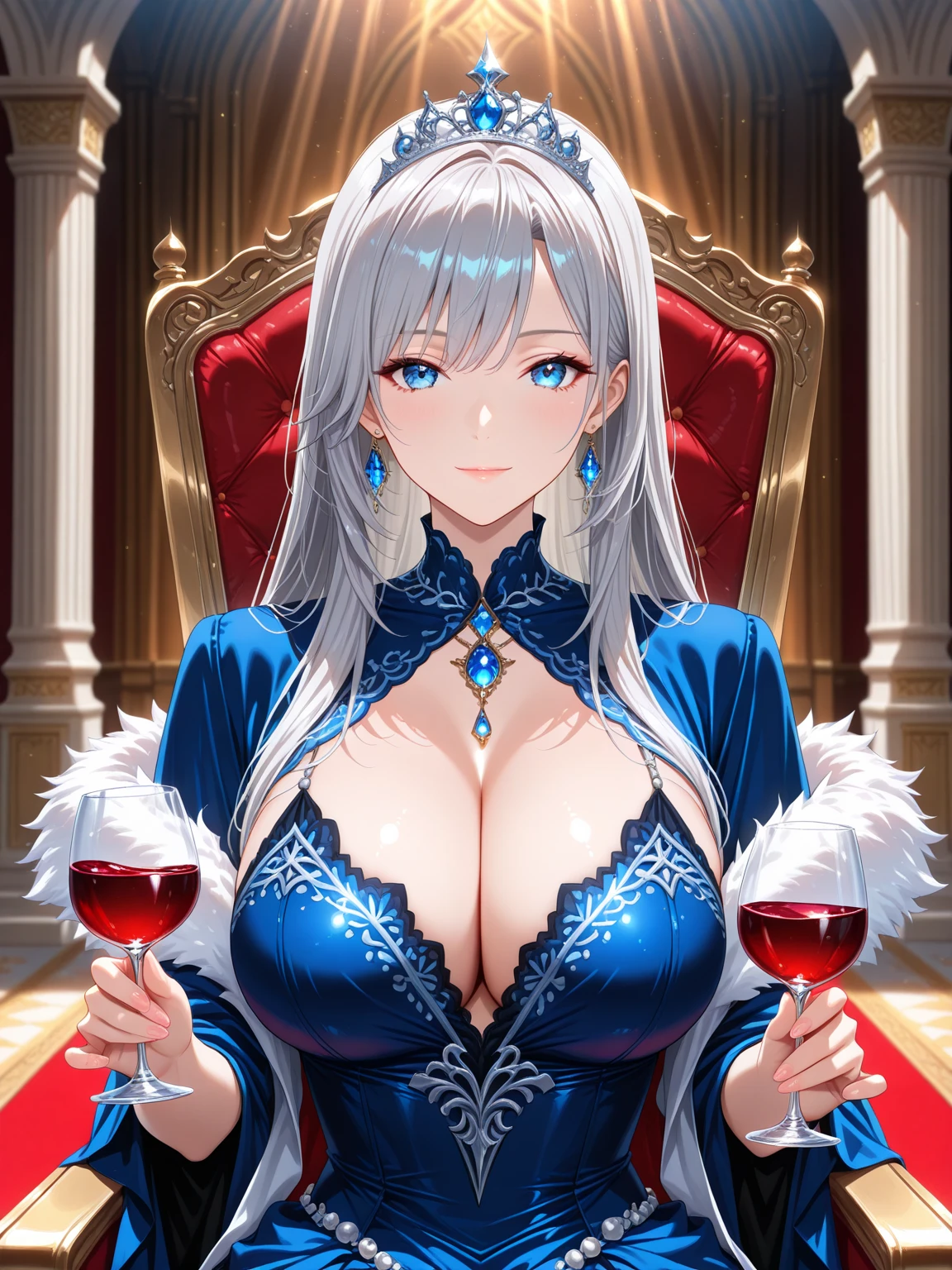 Tall Woman、Best Woman、Six Pack Abs、White Hair(Straight Hair)、Long Hair(Center-parted bangs)、Vertical navel、Golden eyes、smile、Perfect figure、tanned skin tone(Swimsuit tan lines)、Toned and lean abs、Long legs、Beautifully shaped breasts(Large Breasts.Super big breasts)、Narrow waist、Black Chinese Dress(Gold dragon embroidery)、Black high heels、Party venue in the background、Sitting in a luxurious chair、Sitting with a drink(Wine glass in hand(red wine)、Shading Effects、Gradient Magic Effect、Fog filter effect、Glitter effect、(Super detailed、Highest quality:1.3)、2.5D、delicate and dynamic、A clearly drawn face、Clearly defined eyes、Clearly defined details、Artistic photography、Ultra-realistic、8k、Accurate five fingers、Drawing the details of the body、Precisely drawn female genitalia、Graphics CG Digital Art